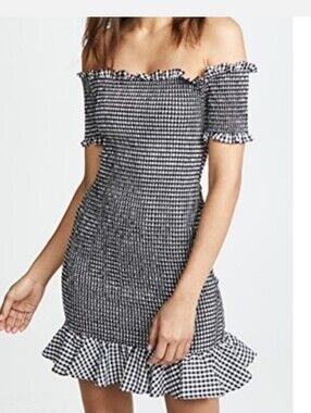 WAYF Gingham Smocked Off Shoulder Bodycon Dress NWOT Size L